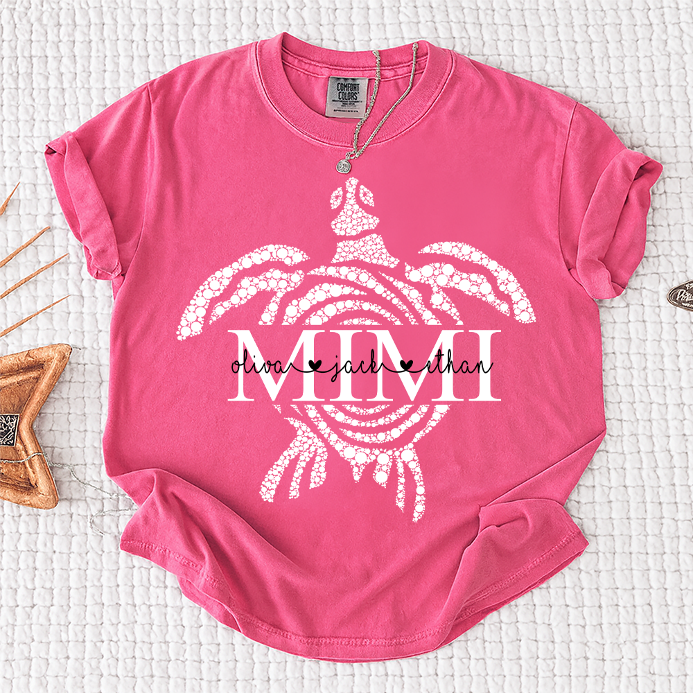 Comfort Colors® Personalized Mimi Mimi Sea Turtle Shirt, Custom Grandkids Names Beach Shirt,Custom Family Names Gift for Grandma