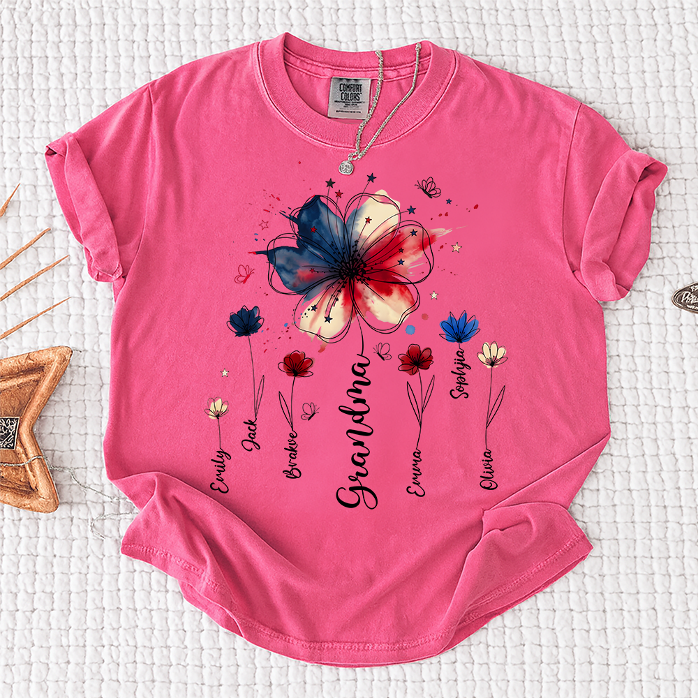 Personalized Grandma Wildflower Shirt, Custom Kids Names Floral Tee for Nana Mimi Gigi Grammy, Patriotic Flower Gift for Grandma Birthday Mothers Day Shirt