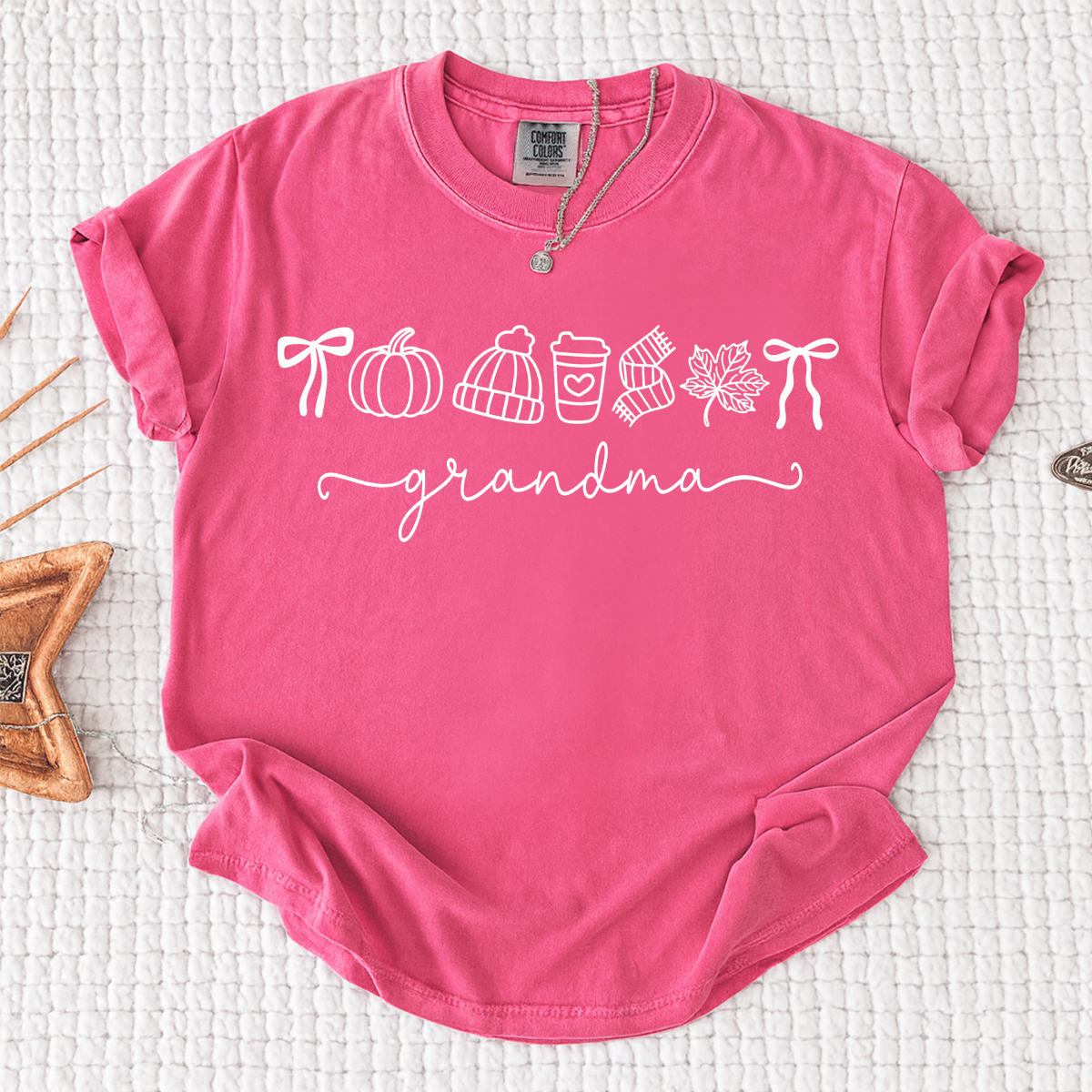Comfort Colors® Personalized Grandma Fall T-Shirt, Pumpkin Coffee Autumn Leaves Shirt, Custom Grandma Name Thanksgiving Gift, Custom Family Names Gift for Grandma