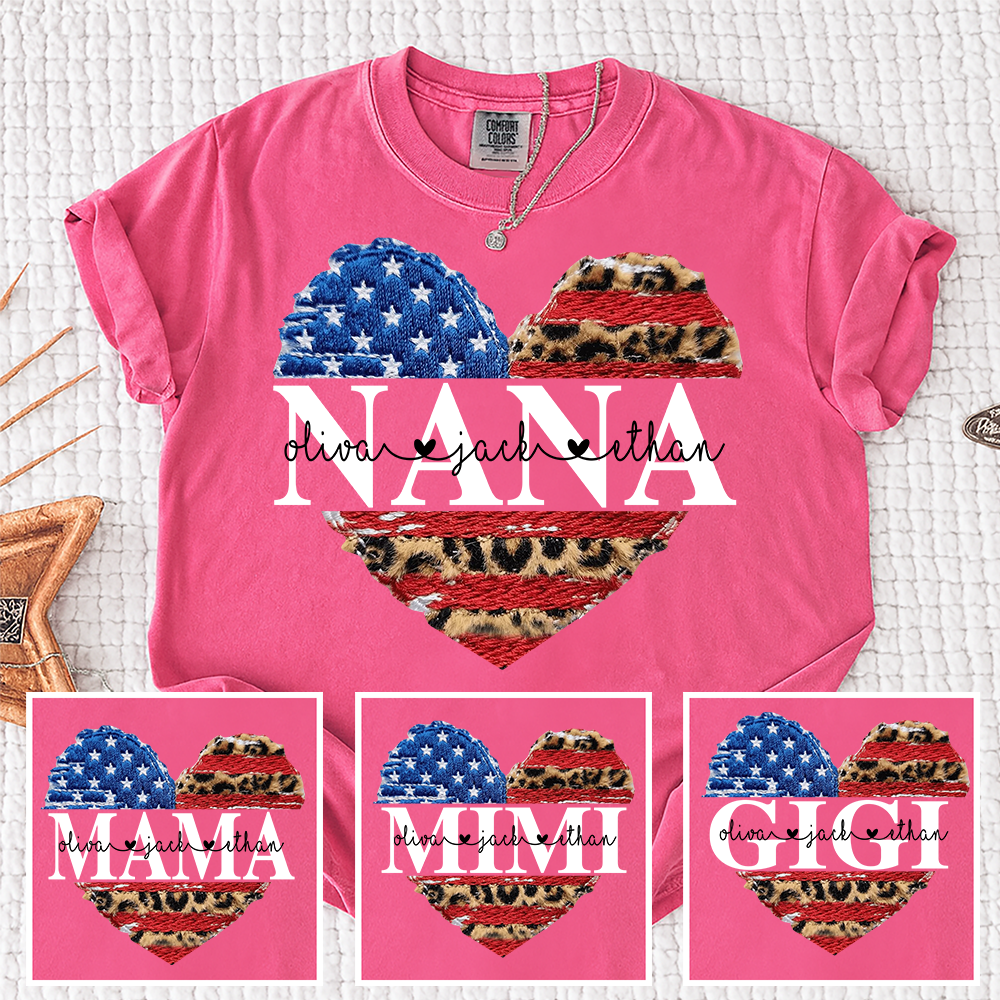 Comfort Colors® Personalized Nana Patriotic Heart Shirt with Grandkids Names, Custom Family Nickname Tee, American Flag Leopard Print, 4th of July Outfit Gift For Mother's Day Birthday