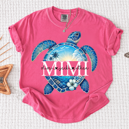 Comfort Colors® Personalized Mimi Sea Turtle Shirt, Custom Grandkids Names Beach Tee, Coastal Ocean Summer Gift for Grandma