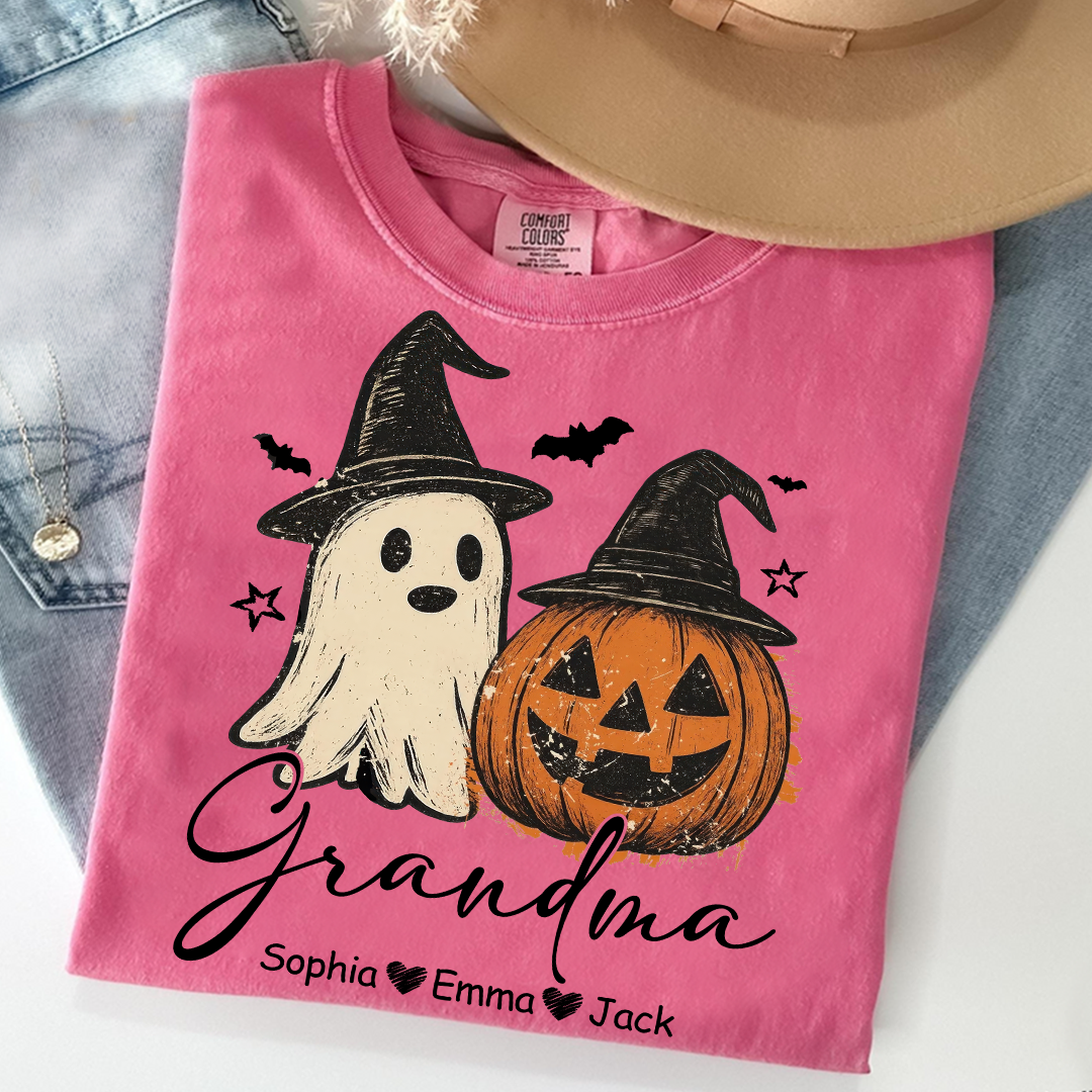 Comfort Colors® Grandma Floral Pumpkin, Ghost Pumpkin And Grandkids T-Shirt