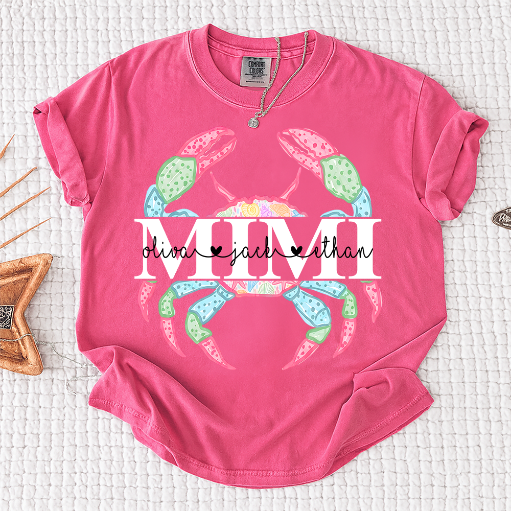 Comfort Colors Personalized Mimi Crab Shirt, Custom Grandkids Names Beach Shirt, Coastal Grandma Summer Shirt, Ocean Lover Gift for Grandma