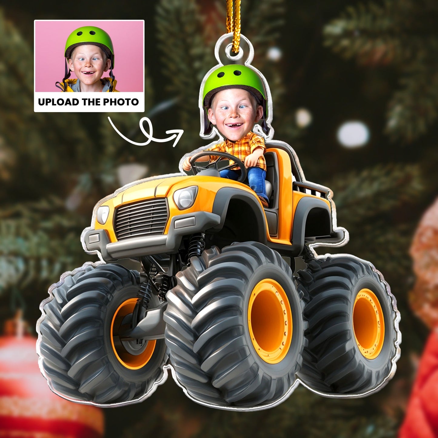 Custom Face Kid Riding Monster Truck, Gifts For Toddler, Kids, Personalized Acrylic Photo Ornament