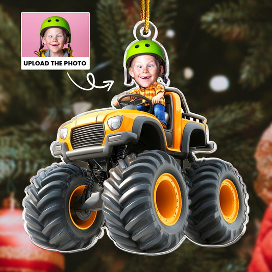 Custom Face Kid Riding Monster Truck, Gifts For Toddler, Kids, Personalized Acrylic Photo Ornament