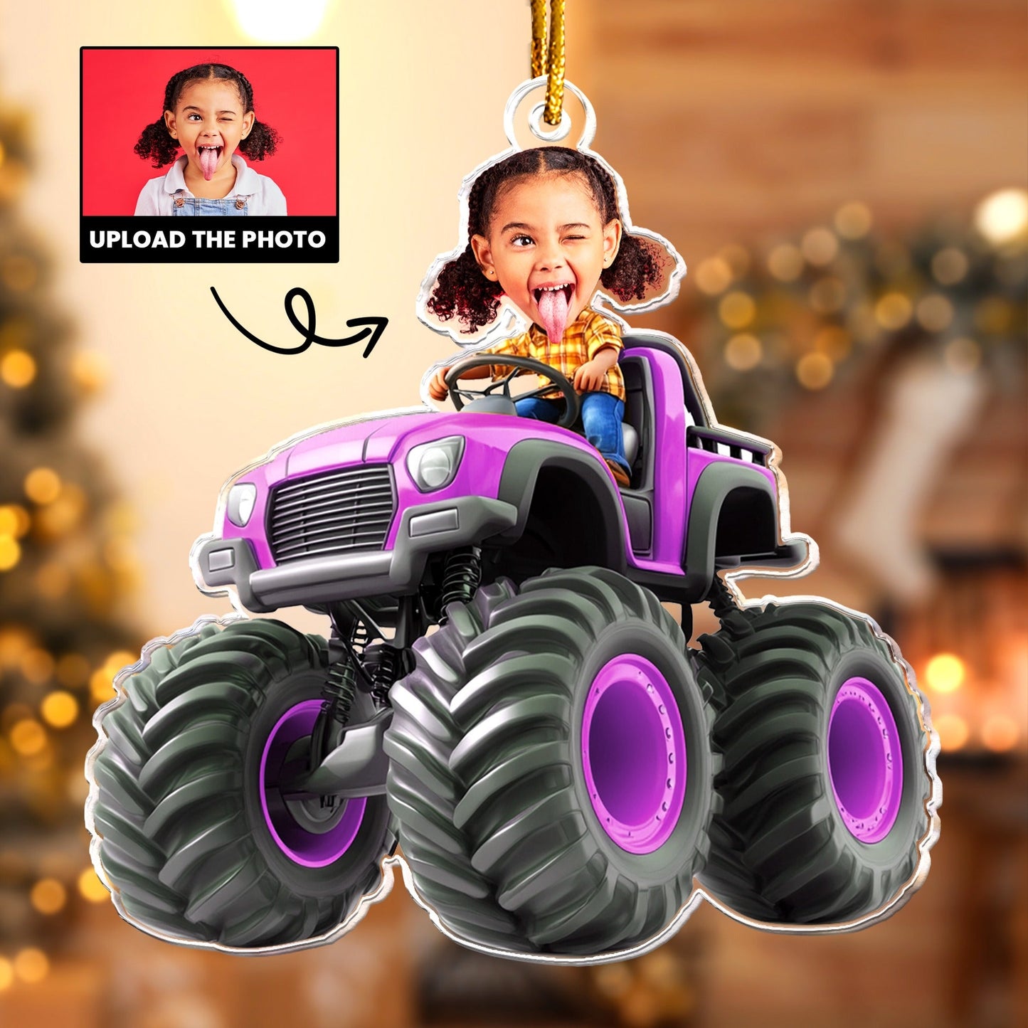 Custom Face Kid Riding Monster Truck, Gifts For Toddler, Kids, Personalized Acrylic Photo Ornament