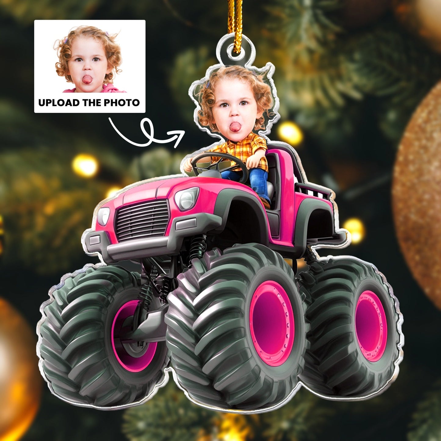 Custom Face Kid Riding Monster Truck, Gifts For Toddler, Kids, Personalized Acrylic Photo Ornament