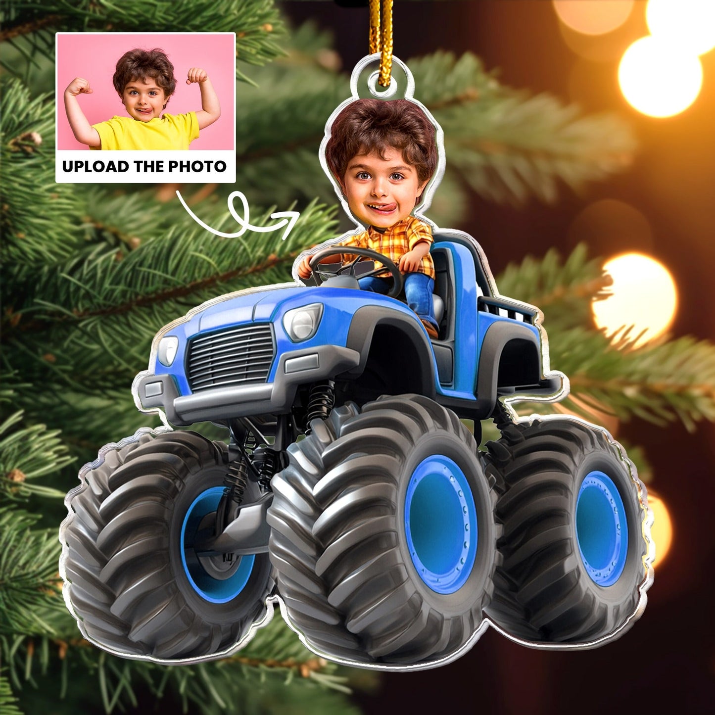 Custom Face Kid Riding Monster Truck, Gifts For Toddler, Kids, Personalized Acrylic Photo Ornament