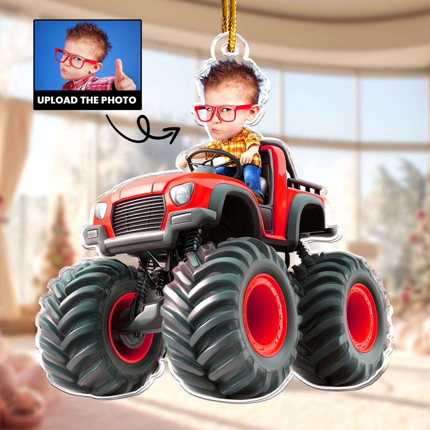 Custom Face Kid Riding Monster Truck, Gifts For Toddler, Kids, Personalized Acrylic Photo Ornament