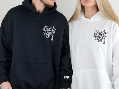 Custom Embroidered Couple Hoodie, Heart Spider Hoodie, Heart Spiderweb Couple Hoodie, Personalized Couple Gifts, Matching Couple Gifts Hoodie, Sweatshirt