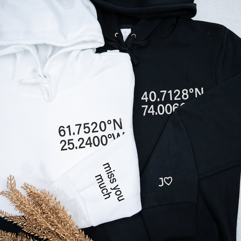 Custom Embroidered Location Coordinates Hoodie, Long Distance Couple Personalized Hoodie Initial on Sleeve, Long Distance Relationship Gifts Hoodie, Sweatshirt