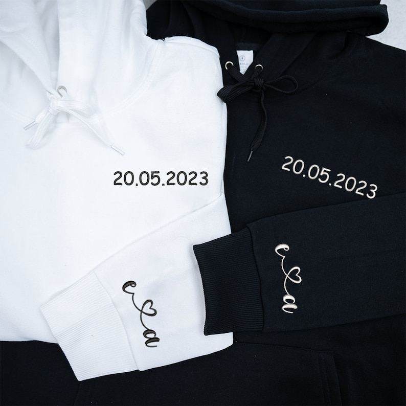 Custom Embroidered Numeral Hoodie, Custom Embroidered Initial Heart Couple Shirt Initial On Sleeve, Personalized Couples Matching Sweatshirt