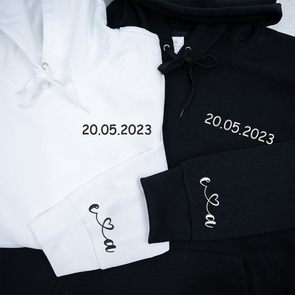 Custom Embroidered Numeral Hoodie, Custom Embroidered Initial Heart Couple Shirt Initial On Sleeve, Personalized Couples Matching Sweatshirt