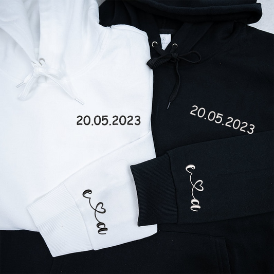 Custom Embroidered Numeral Hoodie, Custom Embroidered Initial Heart Couple Shirt Initial On Sleeve, Personalized Couples Matching Sweatshirt