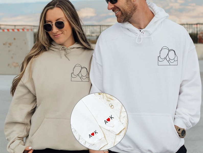 Custom Embroidered Portrait Hoodie from Photo, Personalized Couple Portrait Outline Hoodie, Matching Couple Gifts, Valentines Day Gifts Hoodie, Sweatshirt