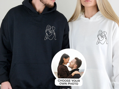 Custom Embroidered Portrait Hoodie, Personalized Couple Portrait Outline from Photo Hoodie, Couple Gifts, Valentine's Day Anniversary Gifts Hoodie, Sweatshirt