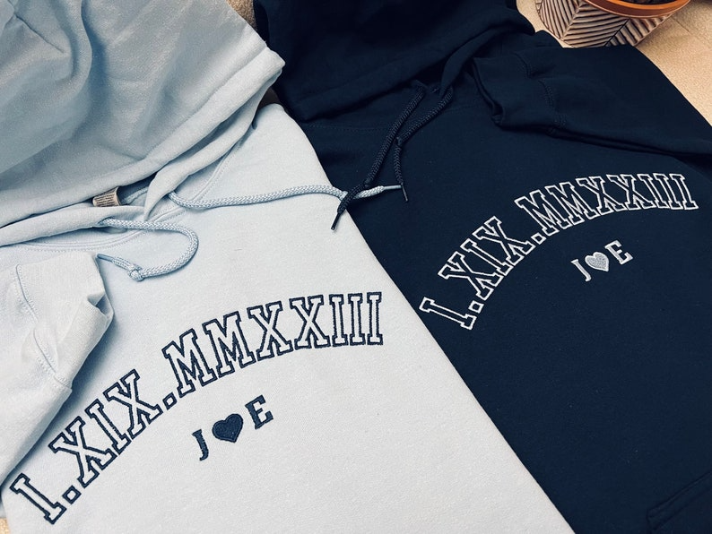 Custom Embroidered Roman Numeral Crewneck Hoodie, Personalized Couples Gifts, Anniversary Gifts, Embroidered Couples Hoodie