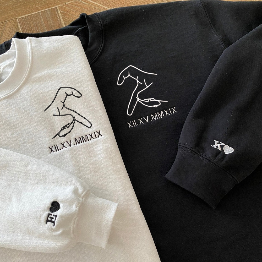 Custom Embroidered Sweatshirt,Custom Embroidered Roman Numeral Date - Initials On Sleeves TH