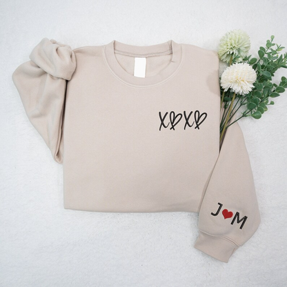 Custom Embroidered XOXO with Couple Name Hoodie, Custom Embroidered Initial Heart Sweatshirt, Matching Couple Sweatshirt, Initial On Sleeve Hoodie, Sweatshirt