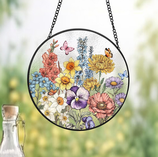 Custom Family Birth Flowers Glass Suncatcher
