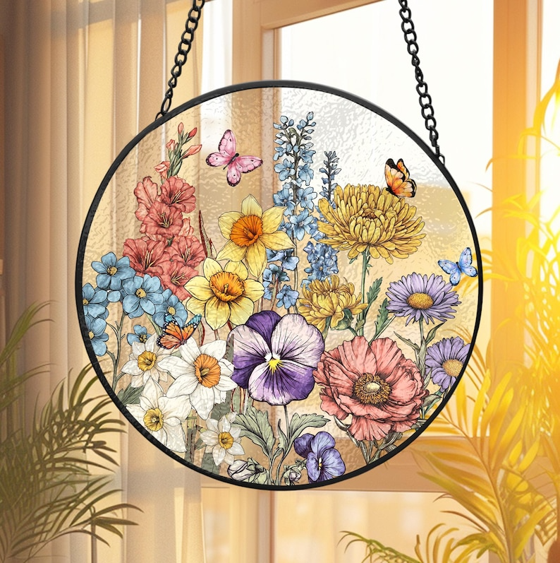 Custom Family Birth Flowers Glass Suncatcher
