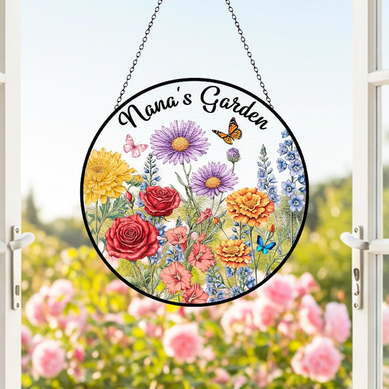 Custom Family Birth Flowers Glass Suncatcher, Custom Garden Gift, Mother's Day Gift