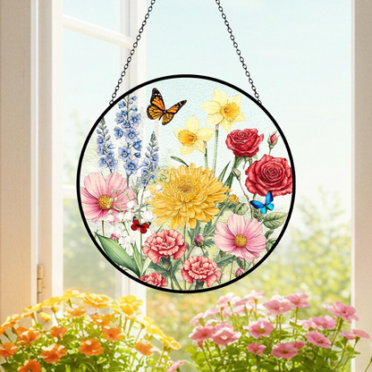 Custom Family Birth Flowers Glass Suncatcher, Custom Garden Gift, Mother's Day Gift