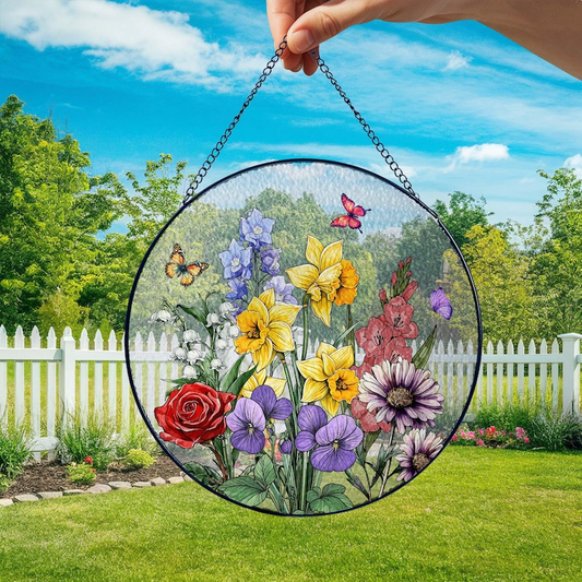 Custom Family Birth Flowers Glass Suncatcher, Custom Mom's Garden Gift