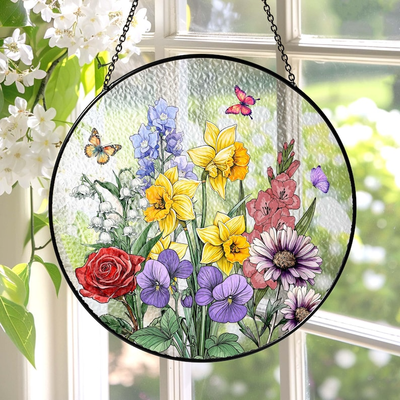 Custom Family Birth Flowers Glass Suncatcher, Custom Mom's Garden Gift