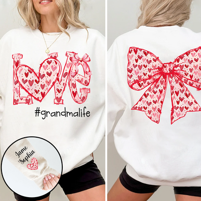 Custom Love Grandma Sweatshirt with Red Heart Bow Design - Personalized with Grandkids' Names - Unique Gift for Grandma