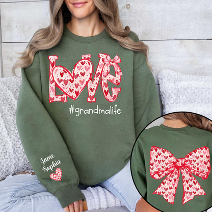 Custom Love Grandma Sweatshirt with Red Heart Bow Design - Personalized with Grandkids' Names - Unique Gift for Grandma