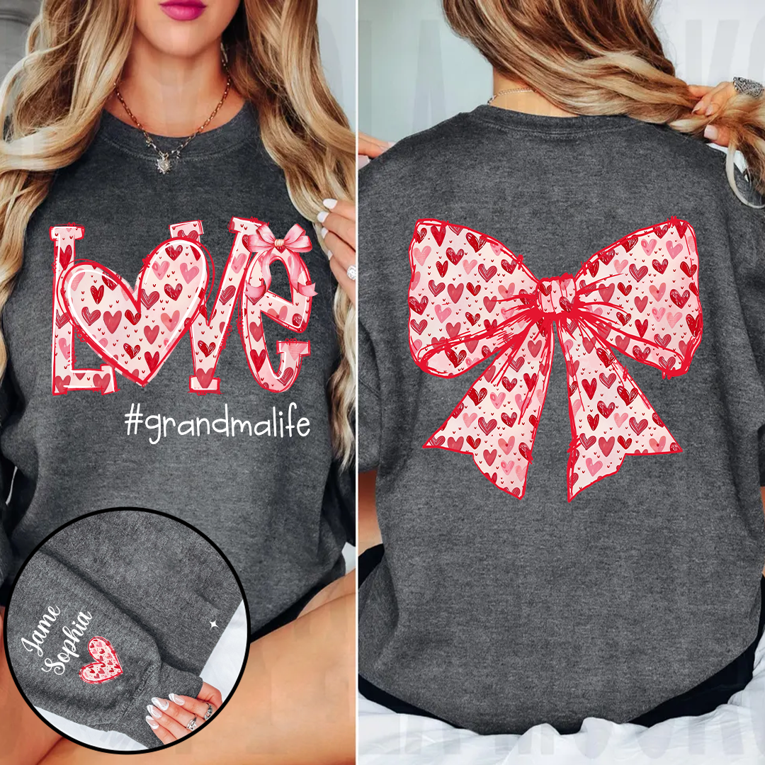 Custom Love Grandma Sweatshirt with Red Heart Bow Design - Personalized with Grandkids' Names - Unique Gift for Grandma