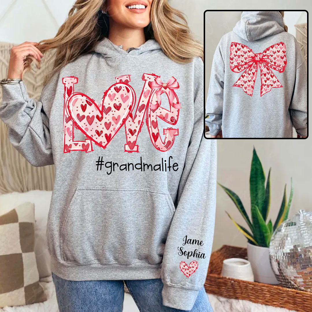 Custom Love Grandma Sweatshirt with Red Heart Bow Design - Personalized with Grandkids' Names - Unique Gift for Grandma