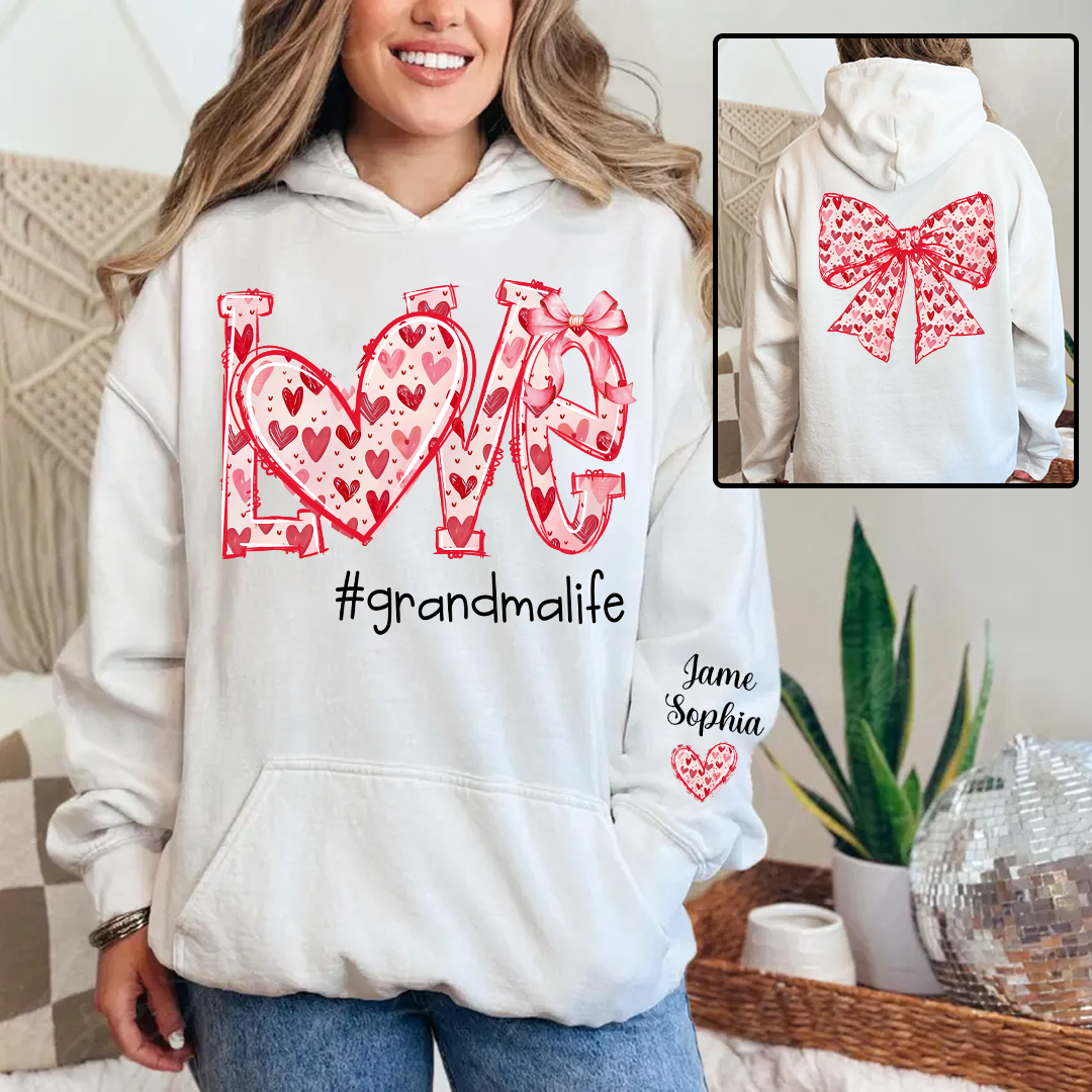 Custom Love Grandma Sweatshirt with Red Heart Bow Design - Personalized with Grandkids' Names - Unique Gift for Grandma