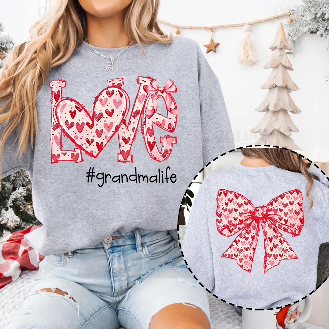 Custom Love Grandma Sweatshirt with Red Heart Bow Design - Personalized with Grandkids' Names - Unique Gift for Grandma