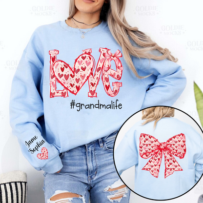 Custom Love Grandma Sweatshirt with Red Heart Bow Design - Personalized with Grandkids' Names - Unique Gift for Grandma