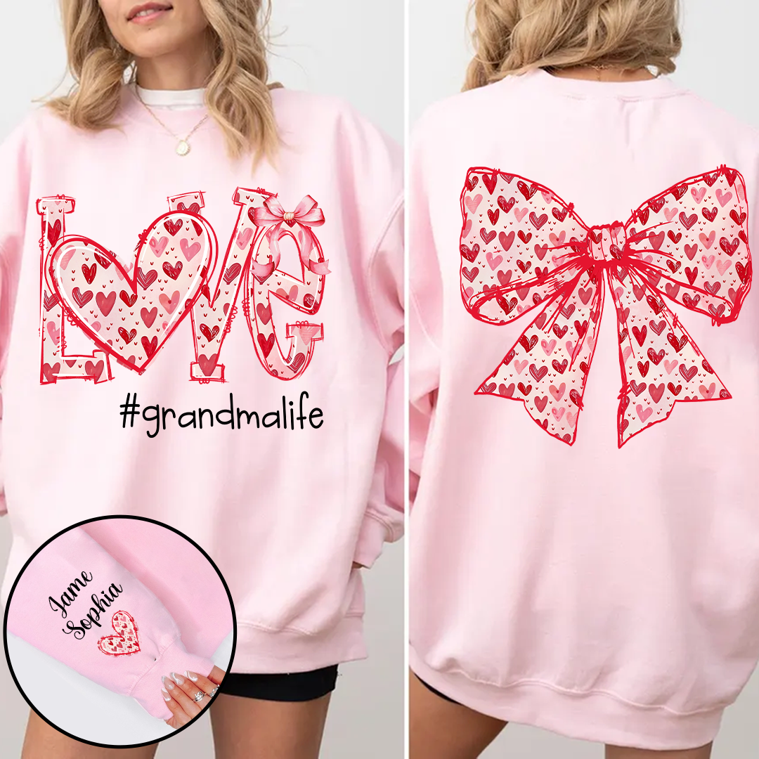 Custom Love Grandma Sweatshirt with Red Heart Bow Design - Personalized with Grandkids' Names - Unique Gift for Grandma