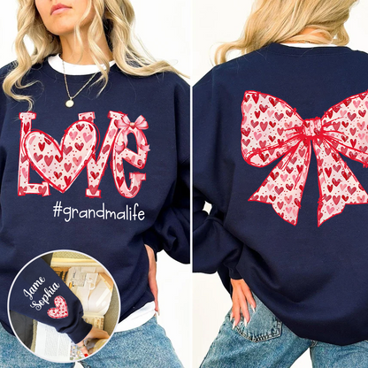 Custom Love Grandma Sweatshirt with Red Heart Bow Design - Personalized with Grandkids' Names - Unique Gift for Grandma