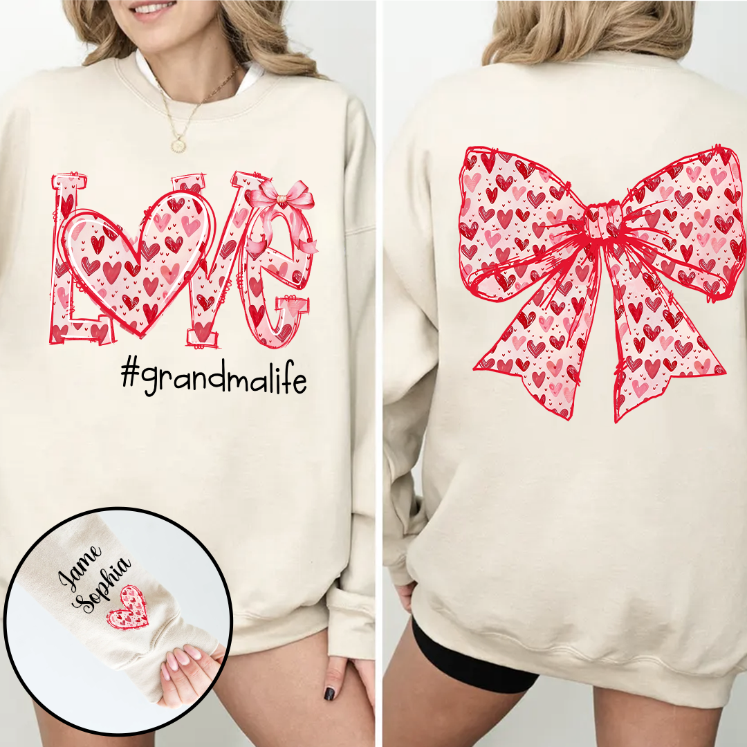 Custom Love Grandma Sweatshirt with Red Heart Bow Design - Personalized with Grandkids' Names - Unique Gift for Grandma