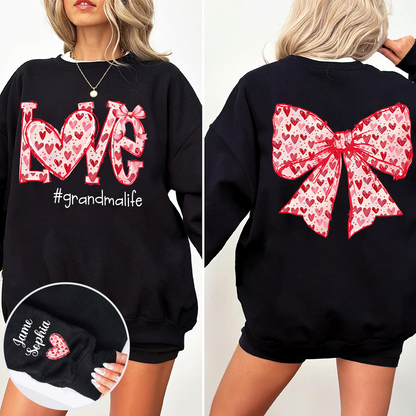 Custom Love Grandma Sweatshirt with Red Heart Bow Design - Personalized with Grandkids' Names - Unique Gift for Grandma