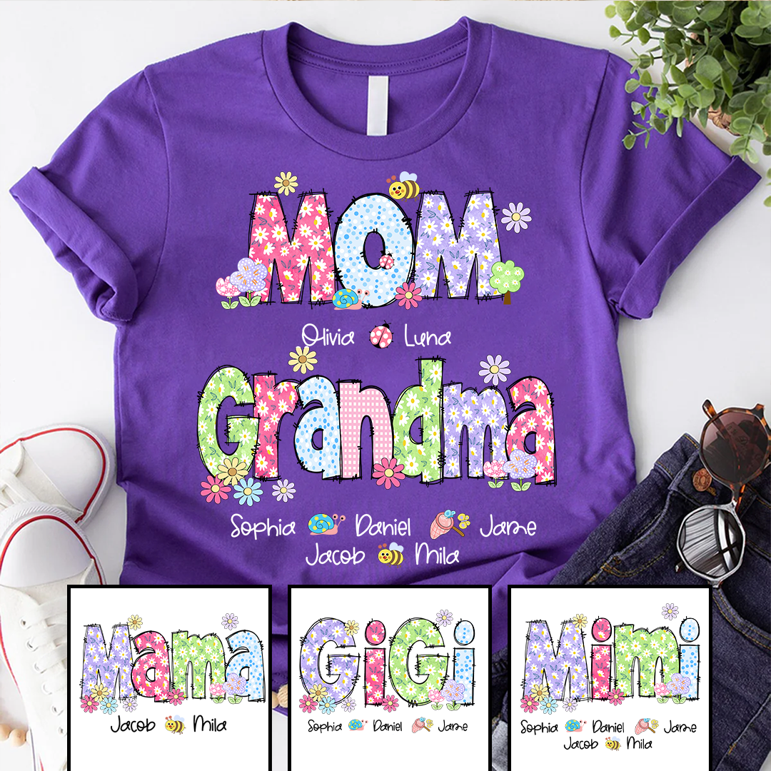 Custom Mom Grandma and Grandkids Daisy Flower Spring T-Shirt