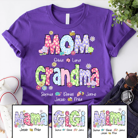 Custom Mom Grandma and Grandkids Daisy Flower Spring T-Shirt