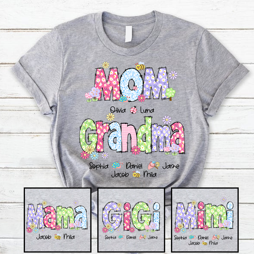 Custom Mom Grandma and Grandkids Daisy Flower Spring T-Shirt