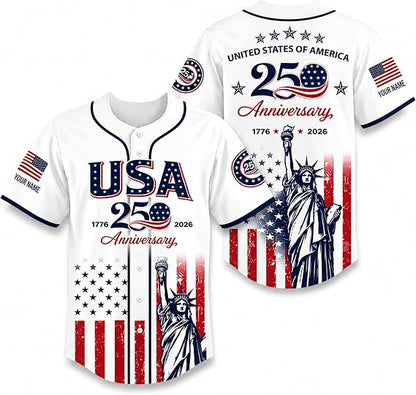 Custom Name 250th Anniversary Baseball Jersey Shirt, 250 Years of Freedom Button Down Jersey for Men Women Family