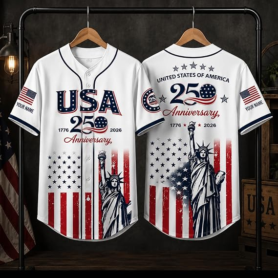 Custom Name 250th Anniversary Baseball Jersey Shirt, 250 Years of Freedom Button Down Jersey for Men Women Family