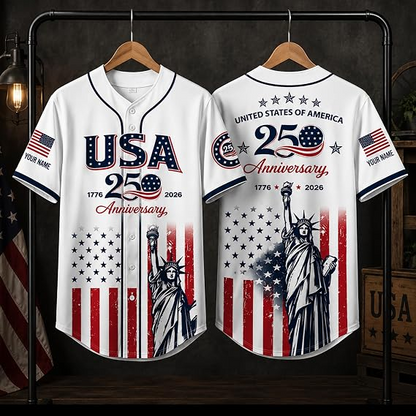 Custom Name 250th Anniversary Baseball Jersey Shirt, 250 Years of Freedom Button Down Jersey for Men Women Family