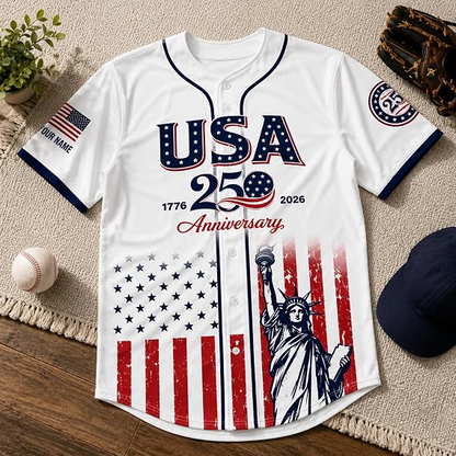 Custom Name 250th Anniversary Baseball Jersey Shirt, 250 Years of Freedom Button Down Jersey for Men Women Family
