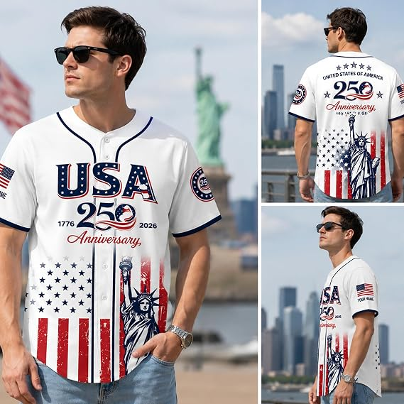 Custom Name 250th Anniversary Baseball Jersey Shirt, 250 Years of Freedom Button Down Jersey for Men Women Family