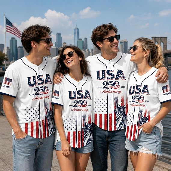 Custom Name 250th Anniversary Baseball Jersey Shirt, 250 Years of Freedom Button Down Jersey for Men Women Family