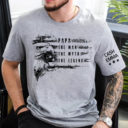 Custom Papa The Man The Myth The Legend Patriotic Eagle and Grandkids, America 250th, America Flag Independence Day Gift T-shirt